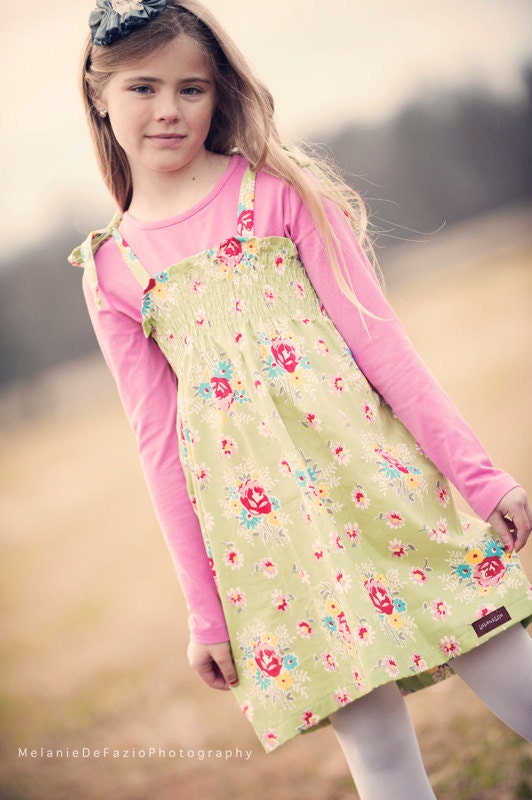 laken and lila Signature Collection....Thegreen floral dot Smocked Dress... handmade childrens clothing by laken and lila