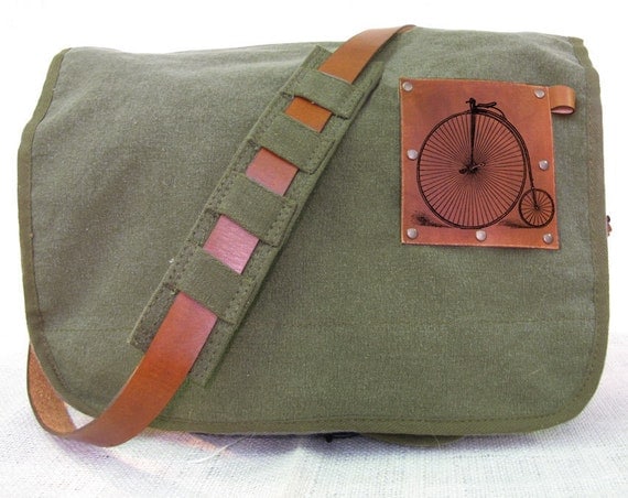 canvas messenger bag with leather accents bike bag - olive green