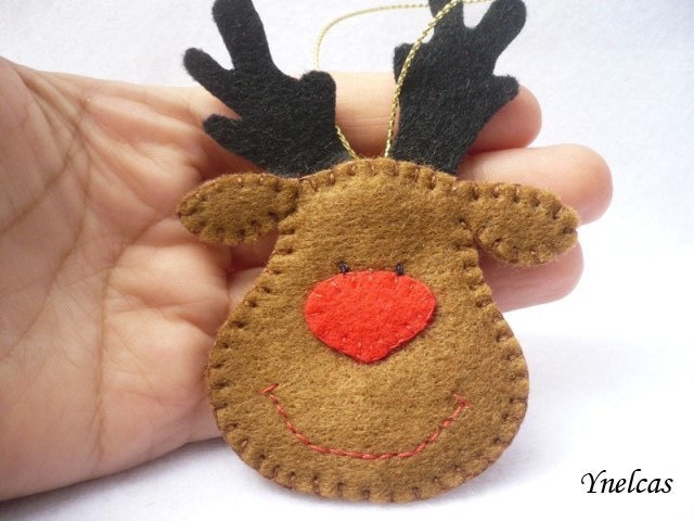 Rudolph the red nose reindeer - felt Christmas ornament - handmade decorations - Set of 3