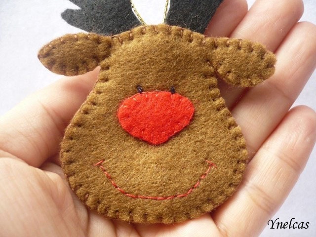 Rudolph the red nose reindeer - felt Christmas ornament - handmade decorations - Set of 3