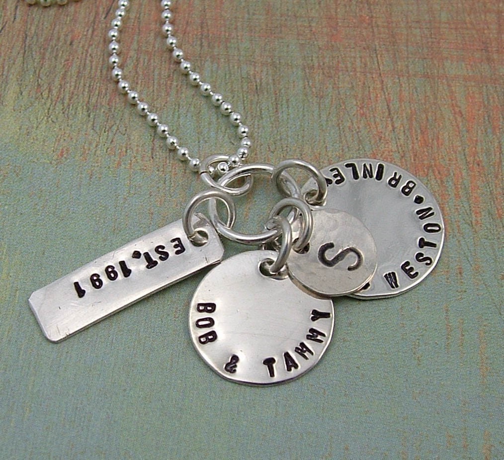 FAMILY...... Hand Stamped Sterling Silver Tag Necklace Est. Your Date and Your Names