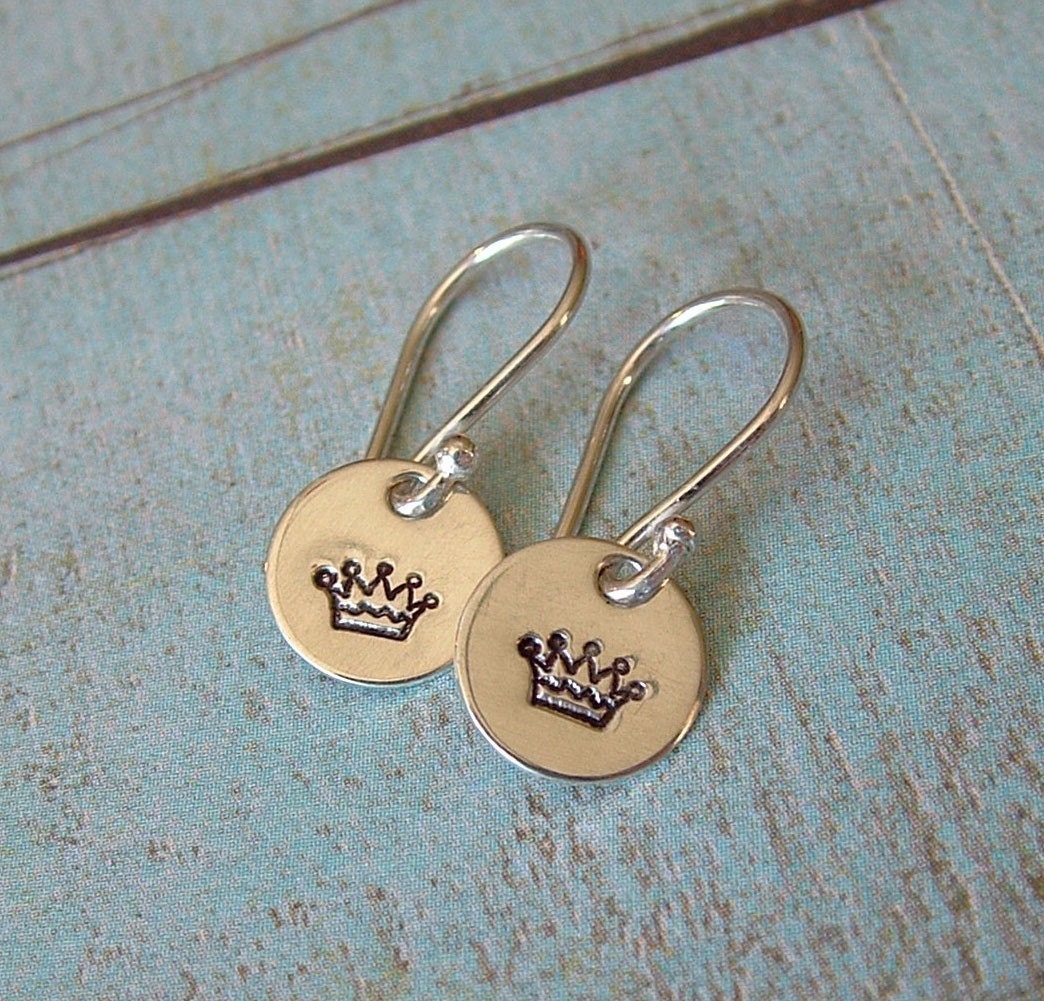 Hand Stamped Earrings - Sterling Silver Dangle Earrings - Crown Earrings