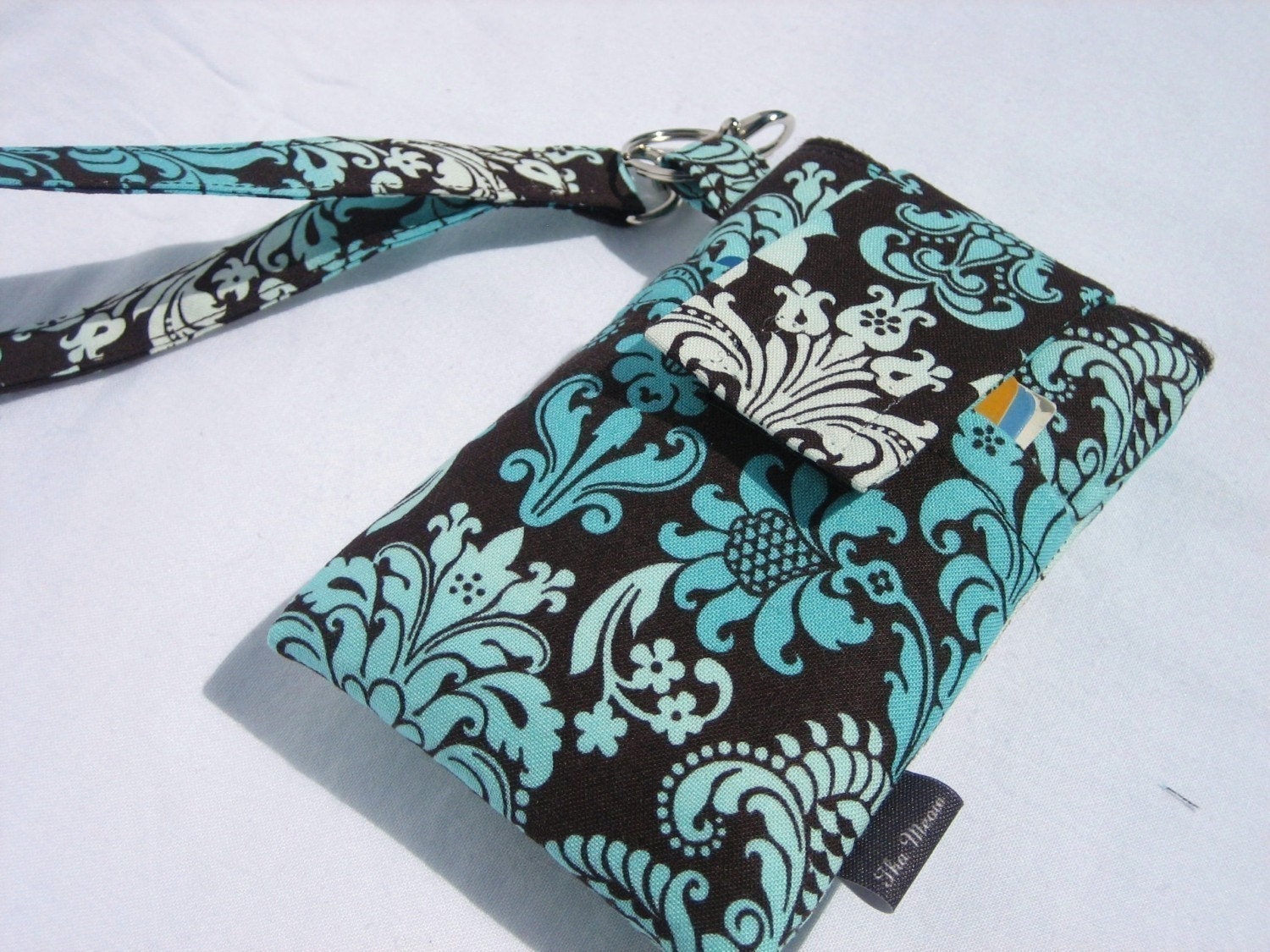WRISTLET Case for iphone,droid sleeve cover, samsung cover,Blackberry, cellphone purse with Flap Closure and POCKET -  Aqua Ombre Damask
