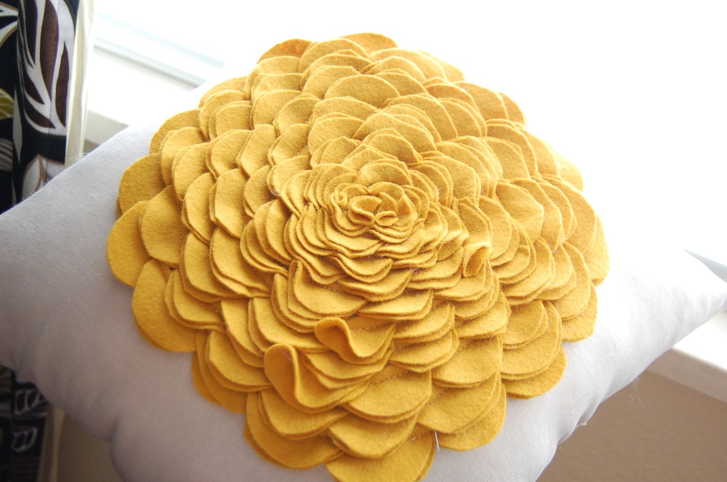 Rose Pillow in Mustard Yellow Pure Wool Felt/Ivory Linen