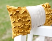 RESERVED LISTING Side Ruffles Pillow in Mustard Yellow/Light Gray Linen 20x20