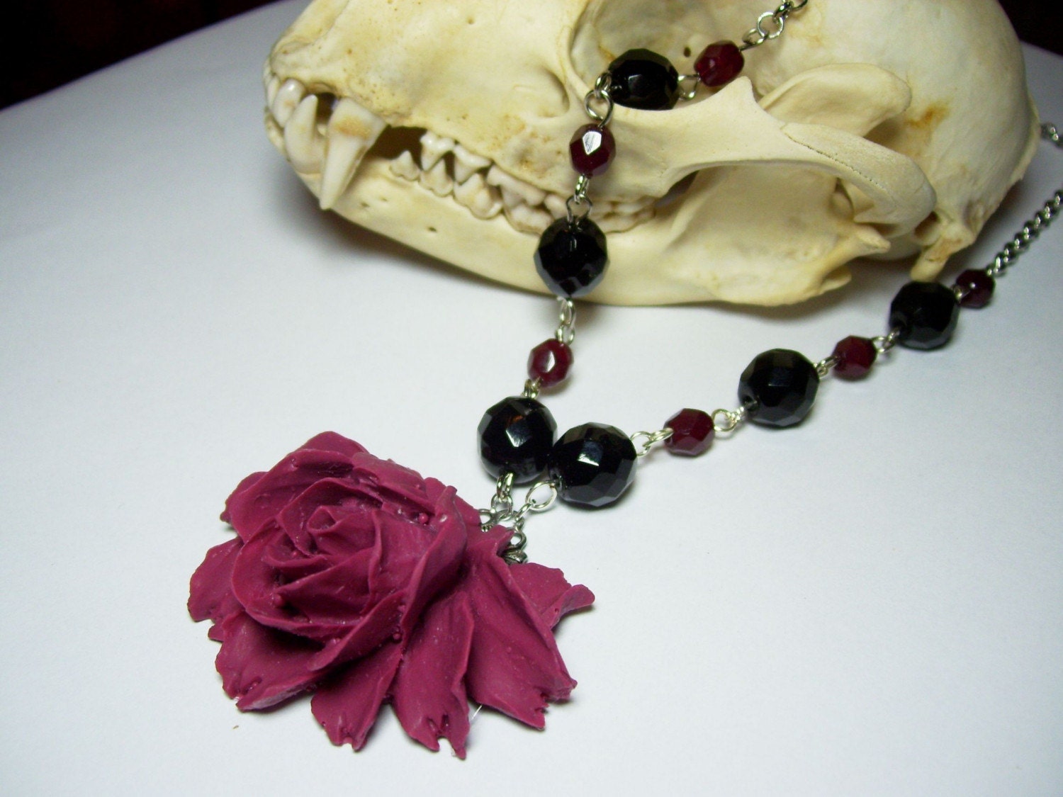 Blood Drunk-Maroon Burgundy Red Rose Cabochon Neo Victorian Antique Silver Black and Oxblood Red Czech Glass Crystal Bead Gothic Steampunk Necklace Pendant