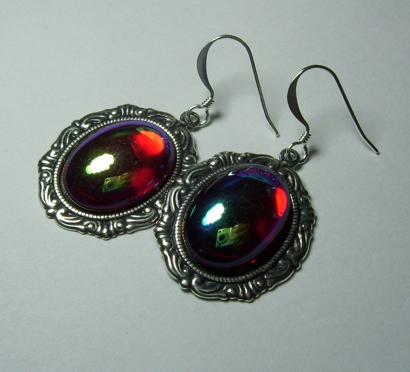 Antique Silver Genuine Vintage German Ruby Red  AB Glass Cabochon Gothic Lolita Steampunk Earrings