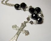 Beautiful Antique Silver CROSS  Czech Glass Beads Jet Black Swarovski Crystals Neo Victorian Gothic Lolita Steampunk Necklace Pendant