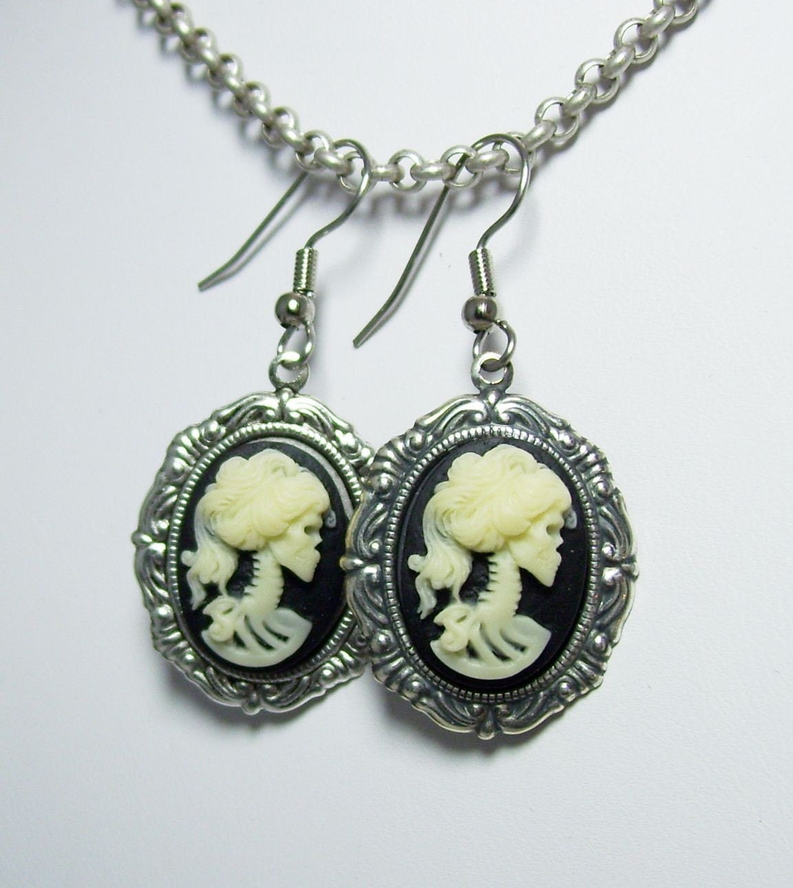 Antique Silver Ivory and Black Skeleton Maiden Cameo Gothic Lolita Earrings