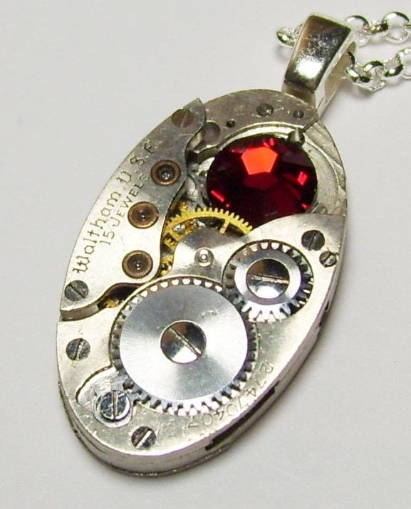 Antique Silver Vintage Oval Waltham Watch Movement Ruby Red Swarovski Crystal UNISEX Gothic Steampunk Necklace Pendant (A23)