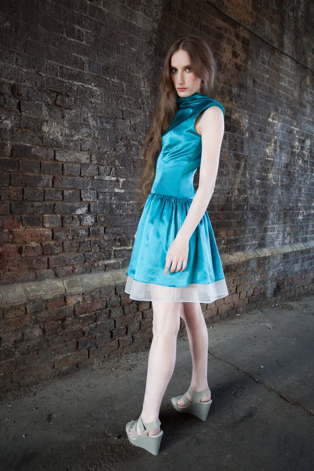 SAMPLE SALE Audrey Teal Blue Backless Full Skirt Cocktail Dress