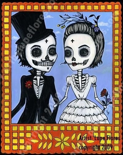 Los Novio Day of The Dead Original Art Print papel picado Bride and Groom gothic 8x10 couple