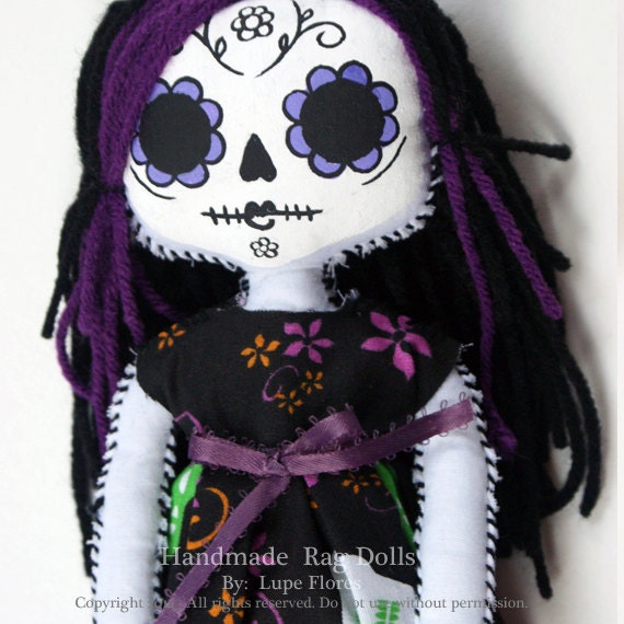 Violet Day of the Dead Sugar Skull rag doll