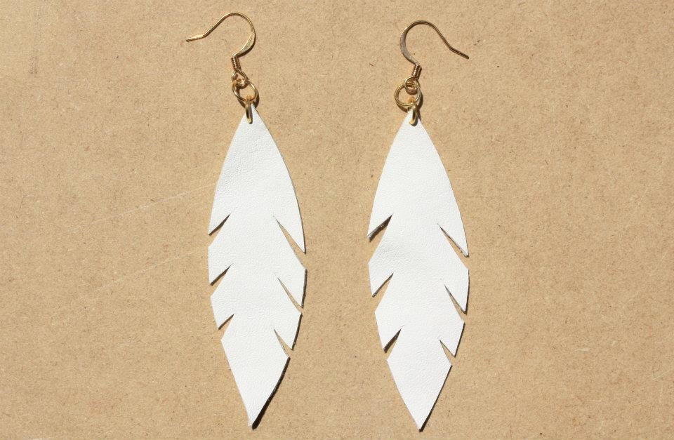 White Leather Leaf Feather Earrings with Gold Plated Wires