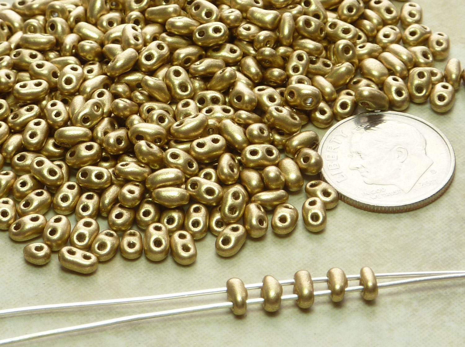 5x2mm SILKY Light Gold Two Hole Czech Glass TWIN Seed Beads 10 grams (D310)