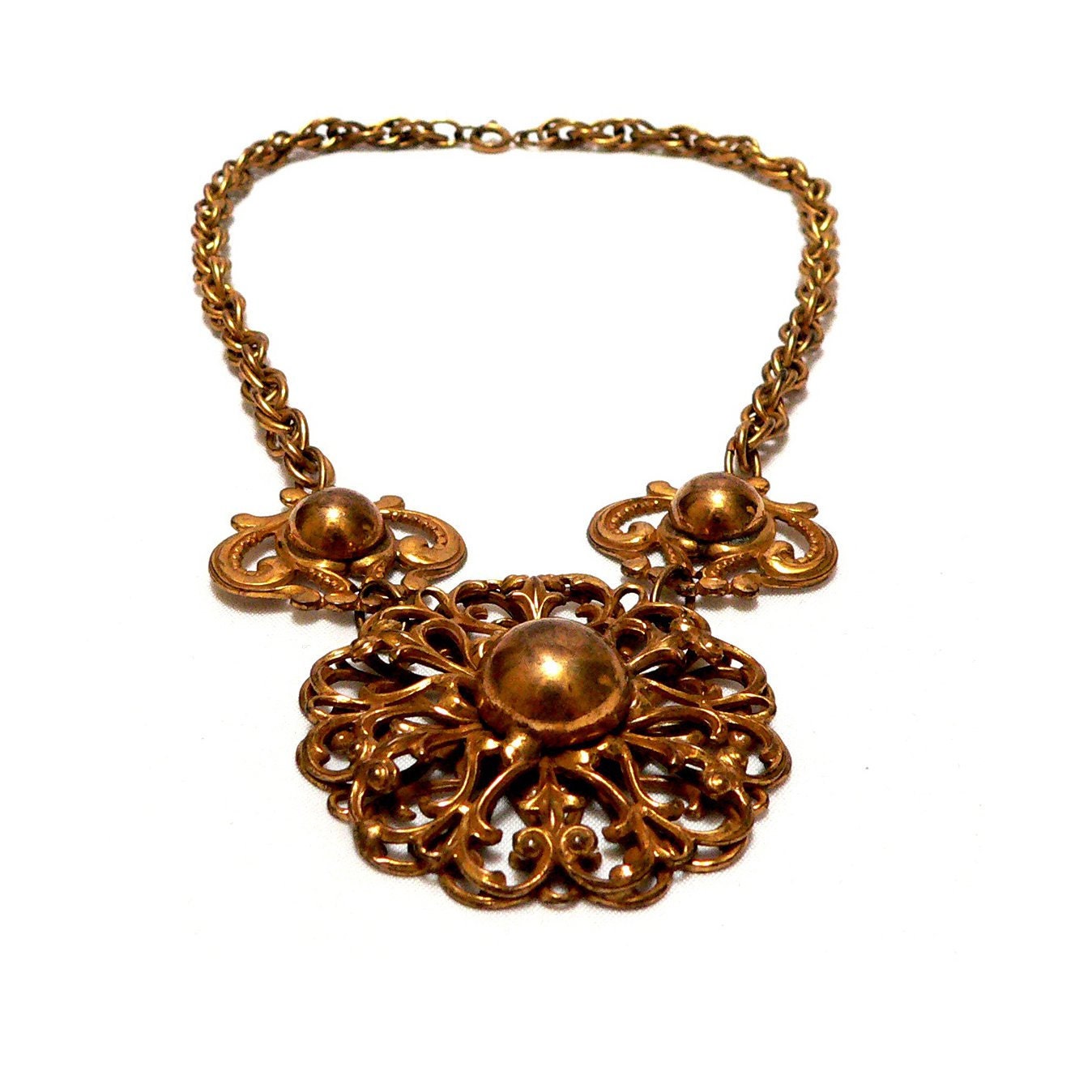 Gilded Necklace Victorian Revival Filigree Brass Metalwork 1930s
