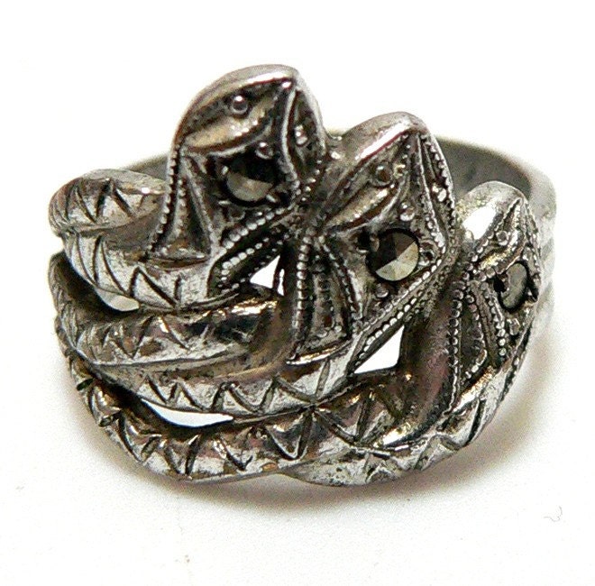 Vintage Ring by UNCAS Art Deco Silver and Marcasite Serpent Ring Size 7 - Storewide Holiday Sale
