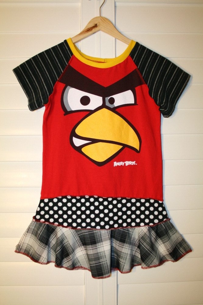 recycled upcycled repurposed pieced tshirt dress/tunic made out of ANGRY BIRDS shirt size 7