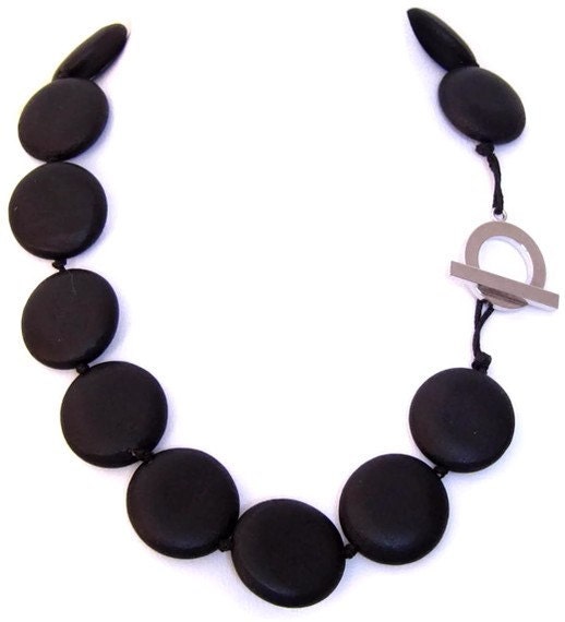 Short Black Wood Necklace with Silver Tone Toggle