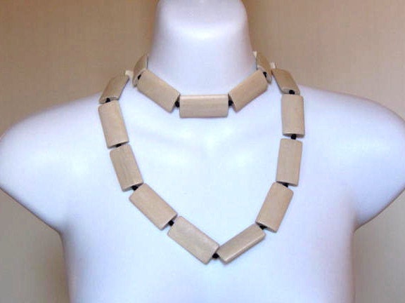 SALE - Long or Short Beige Rectangle Wooden Necklace with Sterling Silver Clasp...Other colours available.