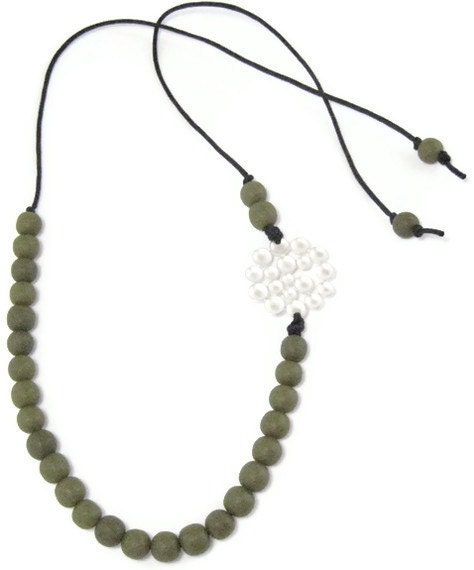Long Green Resin Beaded Necklace in a Matte Finish with Silver Bubble Connector