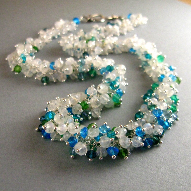 Moonstone Necklace, Moonstone and Assorted Blue and Green Gemstone Sterling Necklace