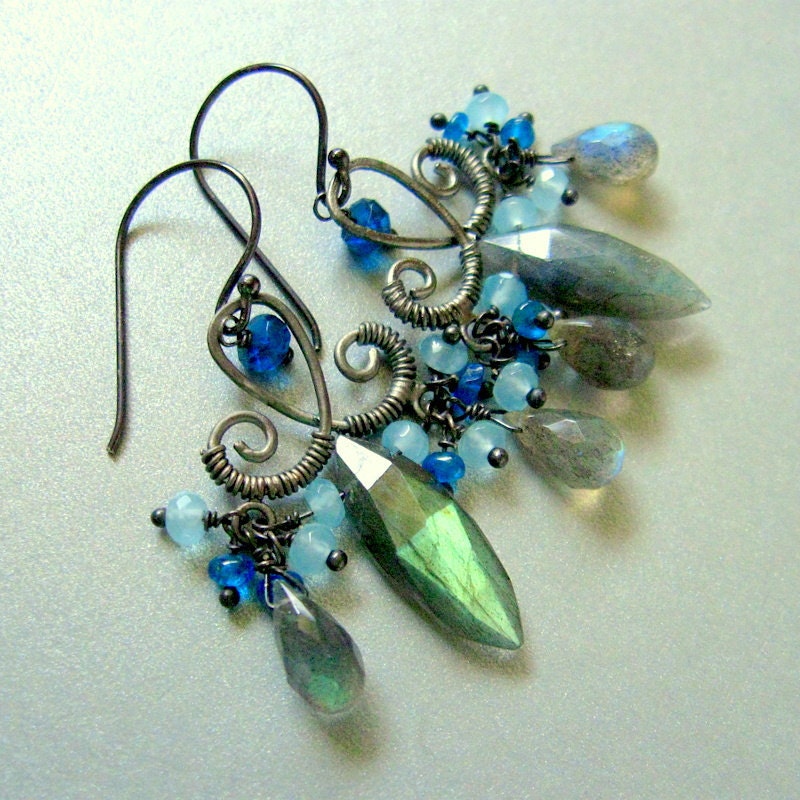 Labradorite, Apatite and Chalcedony Chandelier Sterling Earrings