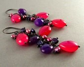 Colorful Chalcedony Wire Wrapped Oxidized Silver Earrings