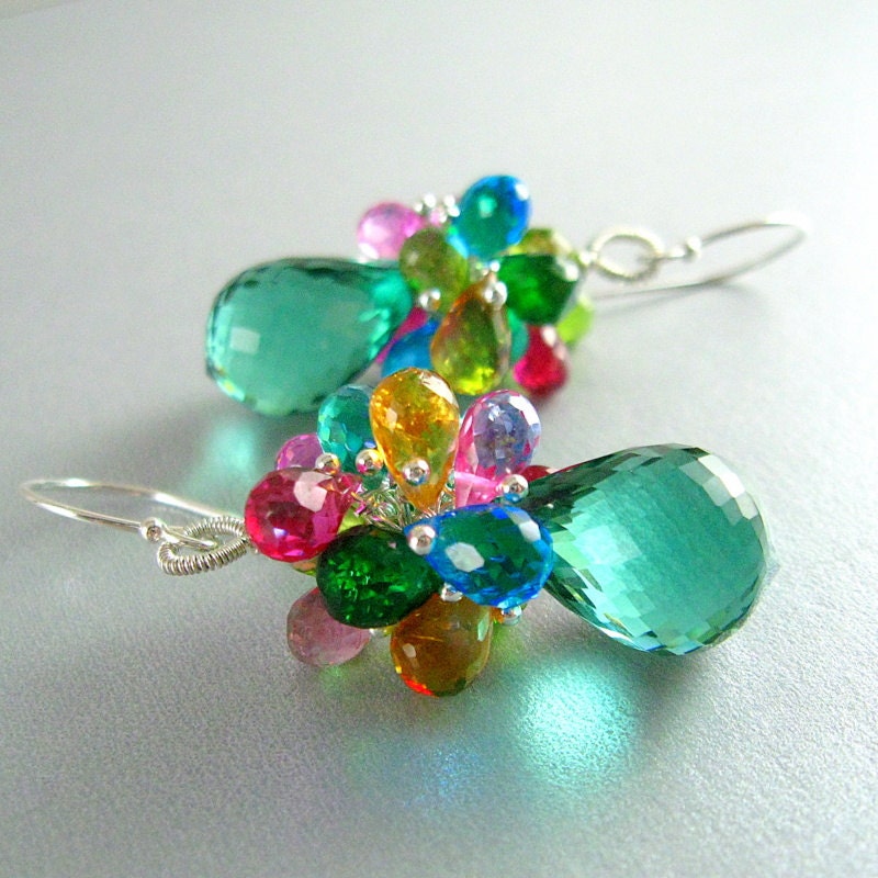 Green Amethyst and Colorful Gemstone Sterling Cluster Earrings