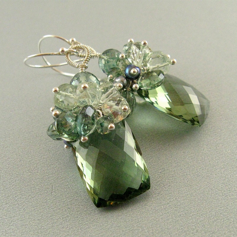 Green Amethyst, Quartz and Pearl Sterling Silver Earrings