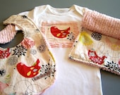 Starling Birdie Burpcloth, Bib, and One Piece Snap Bodysuit Gift Set for Baby Girl