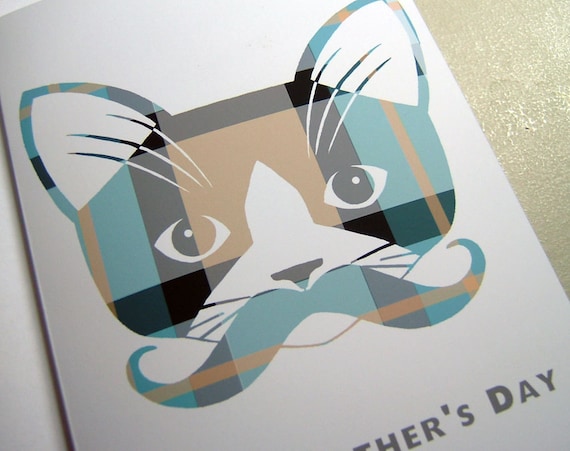 Father's Day Card. Mustache Kitty Cat. Plaid. Whiskers.