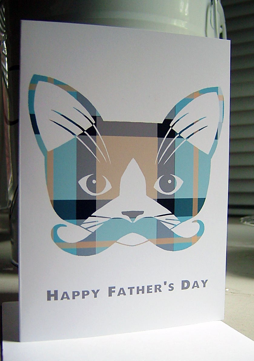 Father's Day Card. Mustache Kitty Cat. Plaid. Whiskers.