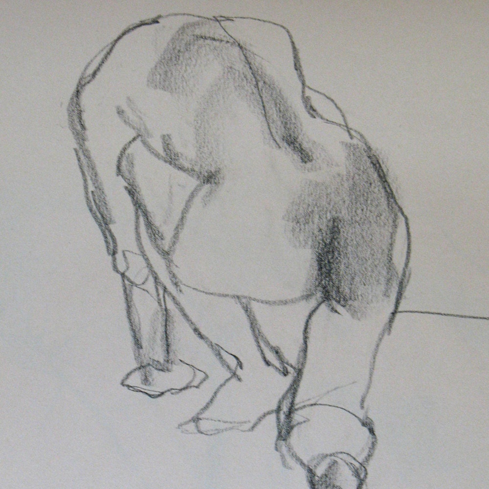 ORIGINAL Charcoal DRAWING Woman Kneeling 17 x 14