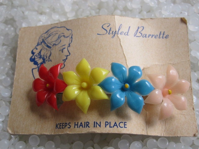 vintage hair barrette rare still on it original card, colorful flowers RESERVED