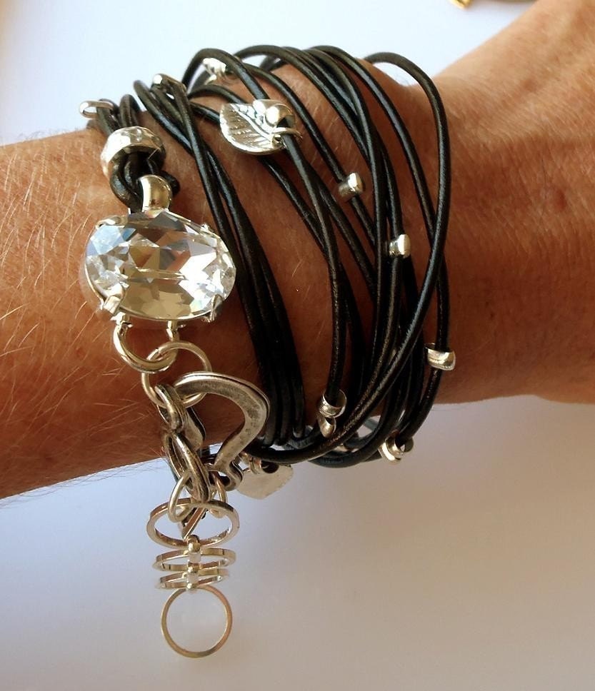 Clear Crystal Silver Charms  Black Wrap Leather Bracelet