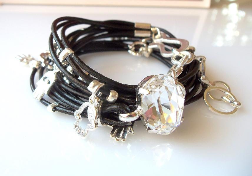Clear Crystal Hamsah Silver Charms Black Wrap Leather Bracelet