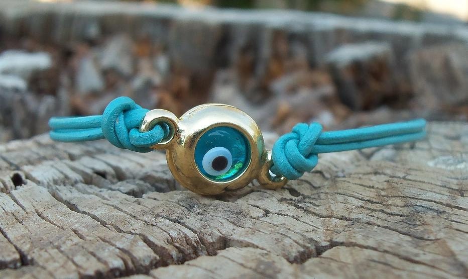 Turquoise Leather Charm Bracelet With Gold Evil Eye