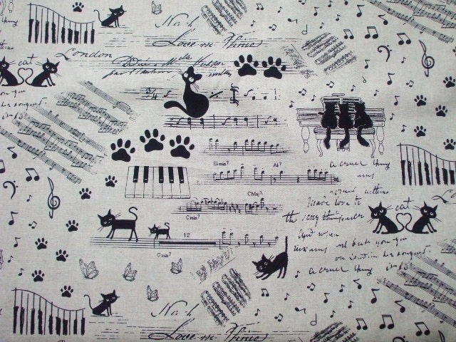 LAST Japanese Fabric - Cute Cats Music - 1 Yard 112cm/44"W x 96cm/37.8"L (11sh1130)