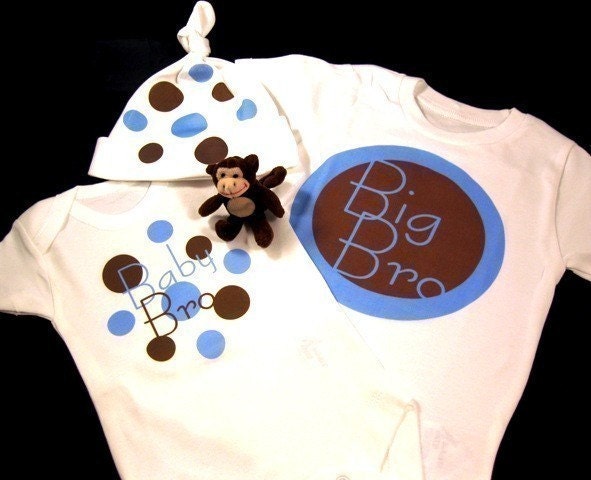BIG LITTLE BROTHER Sister Long Sleeve Sibling Set, Baby Onesie, Hat, and Toddler Tee, Retro Mod Circles, Free Gift Wrap