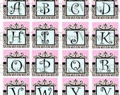 Digital  collage sheet,  Framed,  INSTAND DOWNLOAD,  Swirly, monogram 1 inch square , Black and White Damask, pink , alphabet