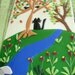 Fused Glass Plaque Landscape with Birds Cat Trees Flowers
