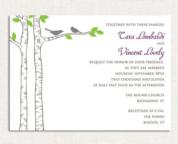 Birch Tree with Pair of Birds Wedding Invitation, Wedding Invite, Reception Invitations - deposit to get started Il_570xn