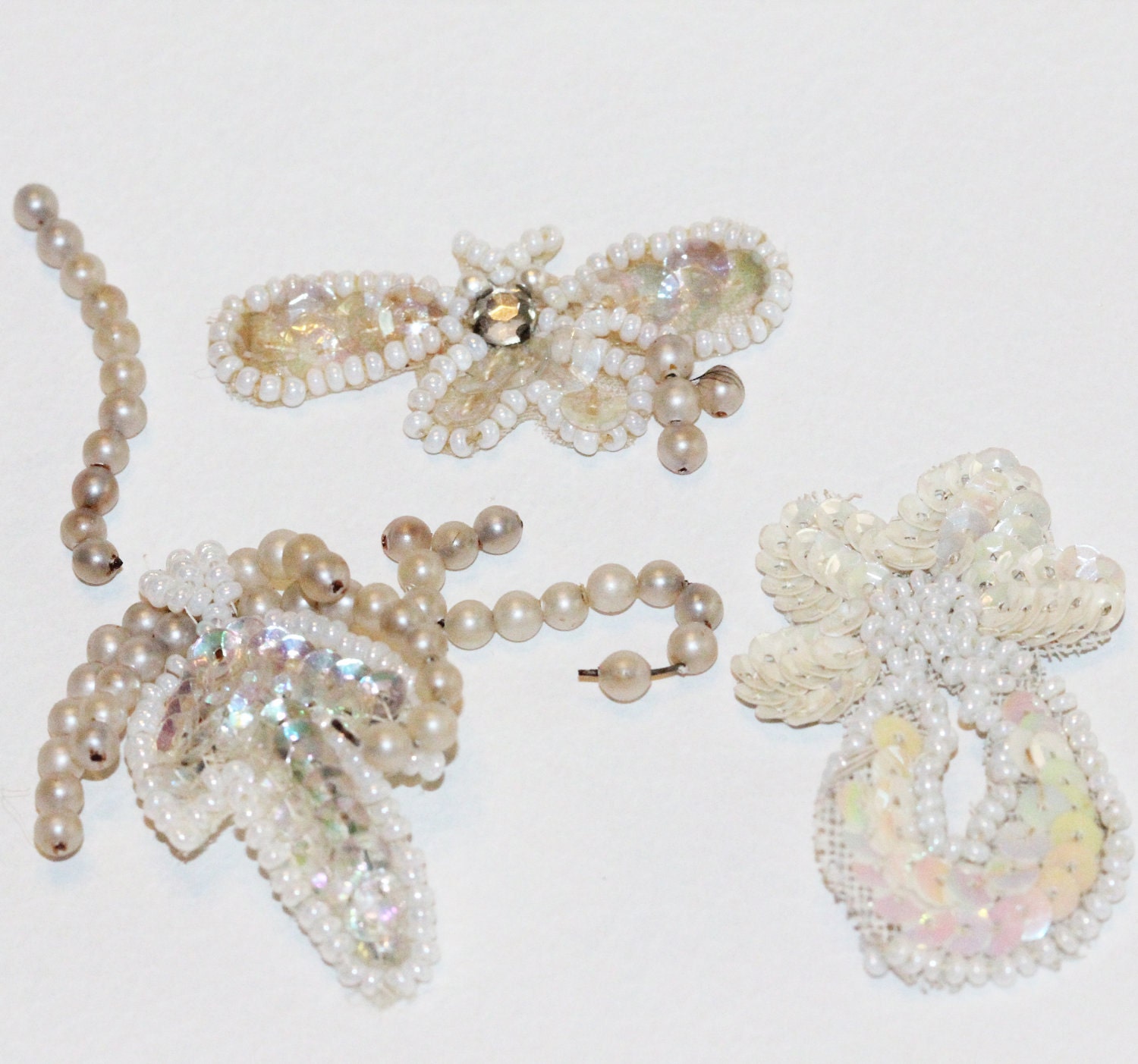 Delicate Vintage Shabby Chic - Hand Pearl Beaded-Sequined & Rhinestones on White-Ecru Silk - Small Embellishments