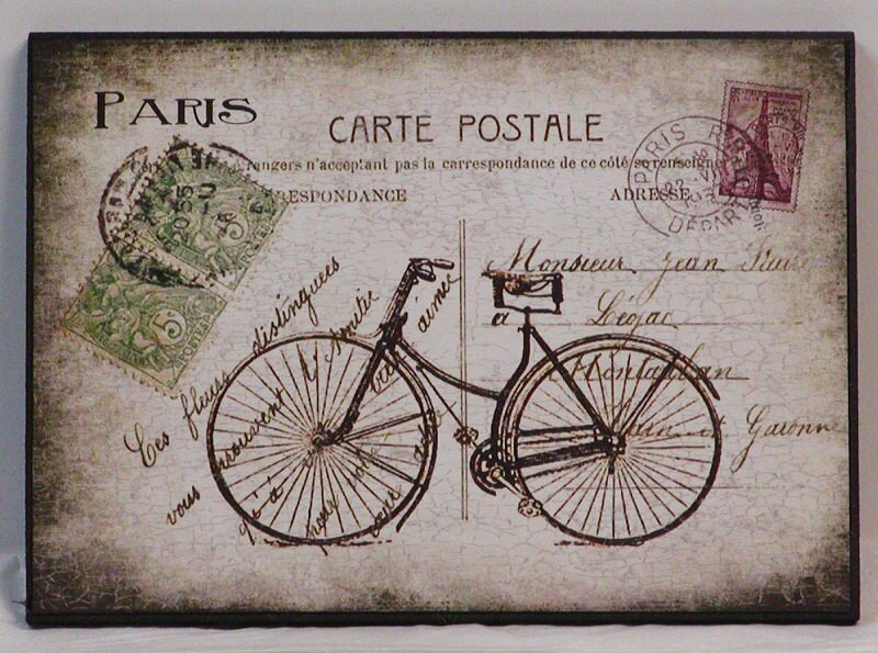 Vintage French Postcard and Bicycle Wood by NikkisSecretCloset