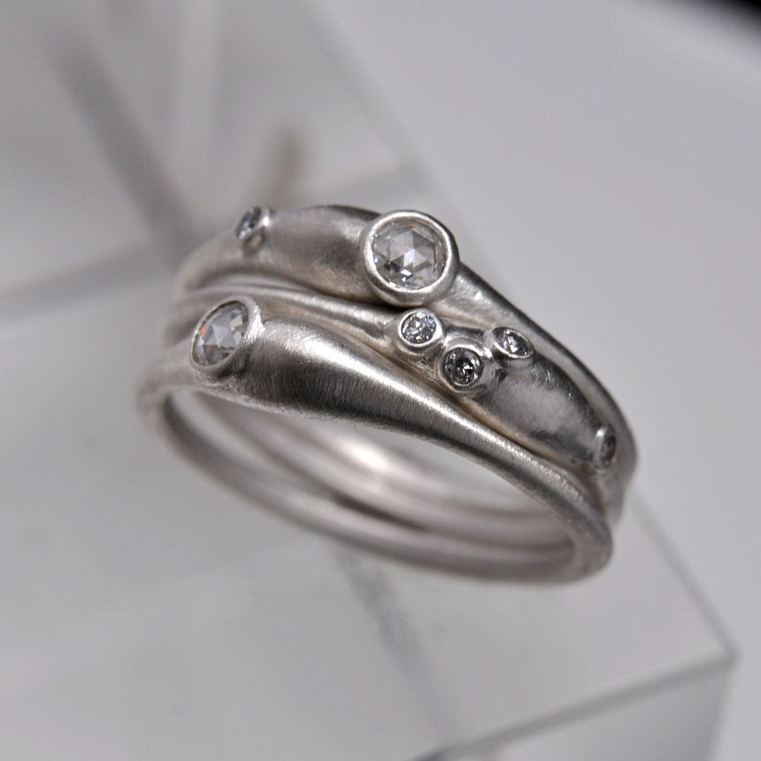 Raindrop rings- sterling silver & diamond stacking ring set of 3