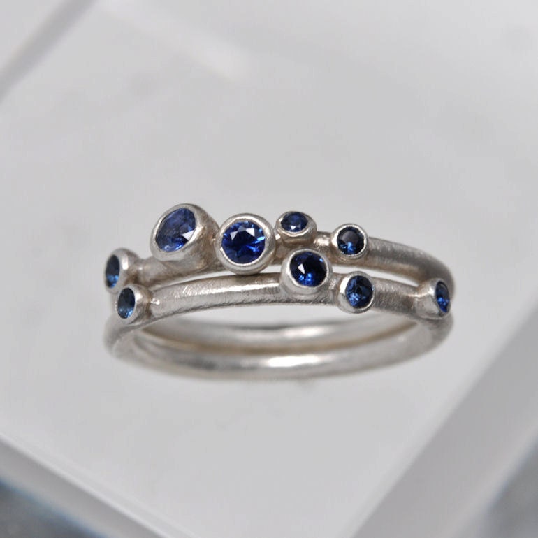 Sapphire anemone ring set of 2 - sterling silver.