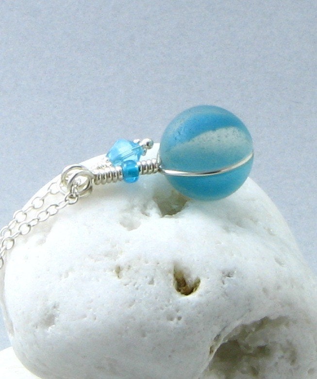 Blue Beach Glass Marble Necklace - Vintage Turquoise Cat Eyes Sea Glass Pendant with Bead Charm - Something Blue Gift for the Ocean Bride