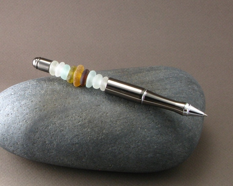 English Sea Glass Pen in Silver Gunmetal - White, Amber, Brown and Aqua Seaglass - Writing Instrument - Coastal Beach Wedding Grooms Gift