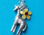 Mini Giraffe Charm Necklace - with tiny yellow flower bead and silver chain